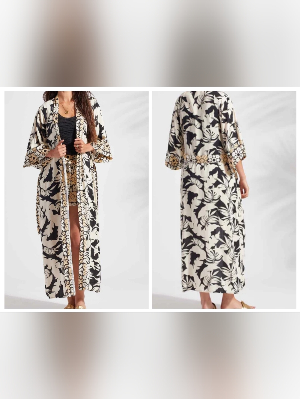 XIX Palms Tribal Wailea Black White Yellow Tropical Kimono Style Belted Robe